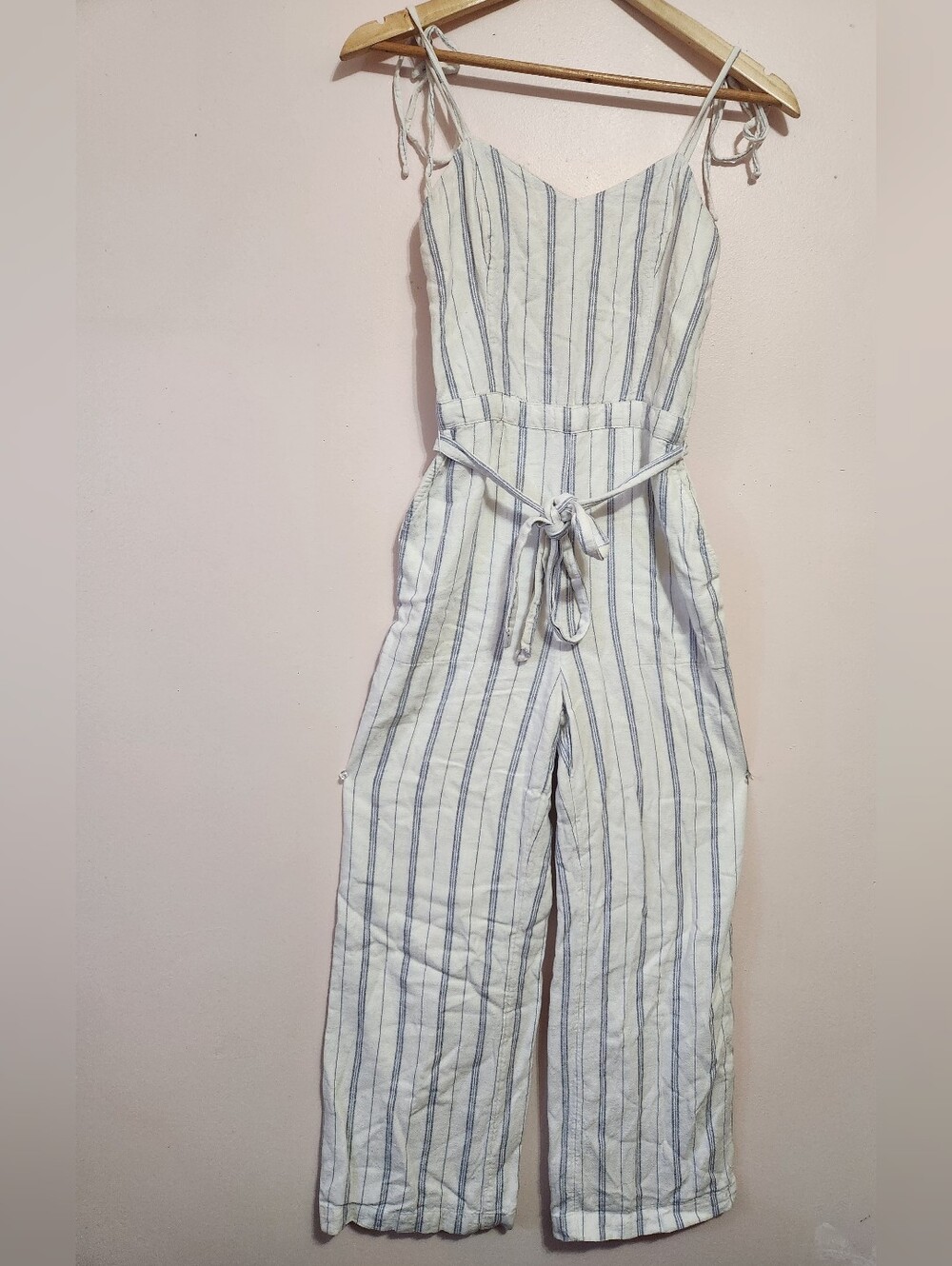 Abercrombie & Fitch Coastal Linen Blend Striped Tie Strap Wide Leg Jumpsuit XS